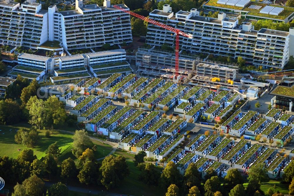 München from the bird's eye view: Construction site of a student dorm Olympisches Dorf on Connollystrasse in the district Milbertshofen-Am Hart in Munich in the state Bavaria, Germany