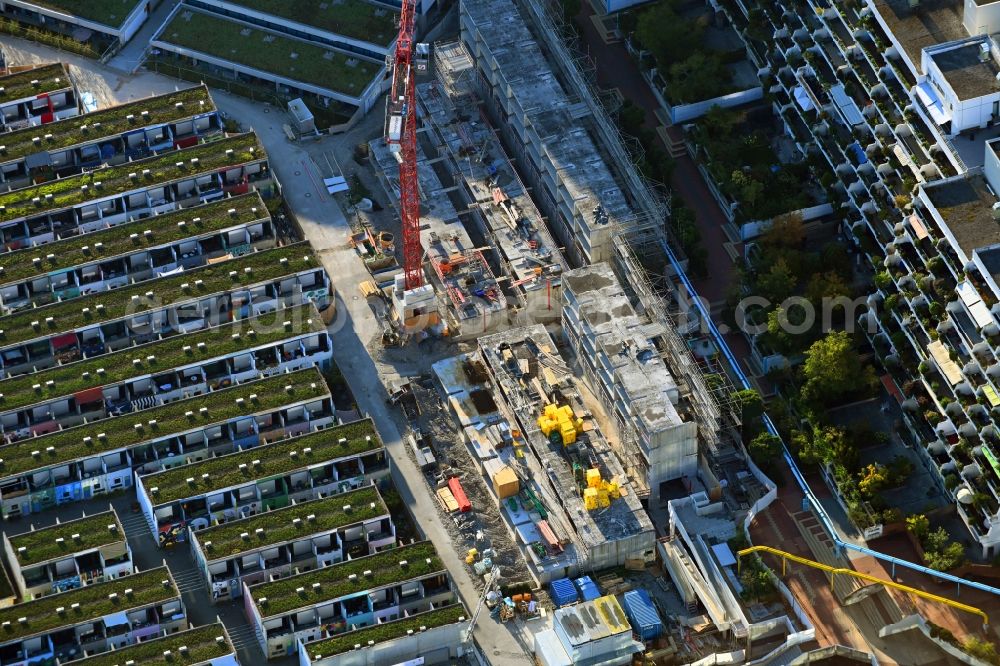 München from above - Construction site of a student dorm Olympisches Dorf on Connollystrasse in the district Milbertshofen-Am Hart in Munich in the state Bavaria, Germany