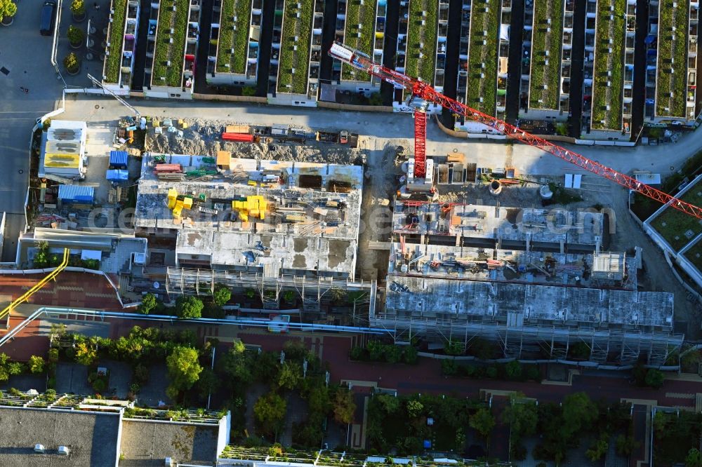 München from the bird's eye view: Construction site of a student dorm Olympisches Dorf on Connollystrasse in the district Milbertshofen-Am Hart in Munich in the state Bavaria, Germany