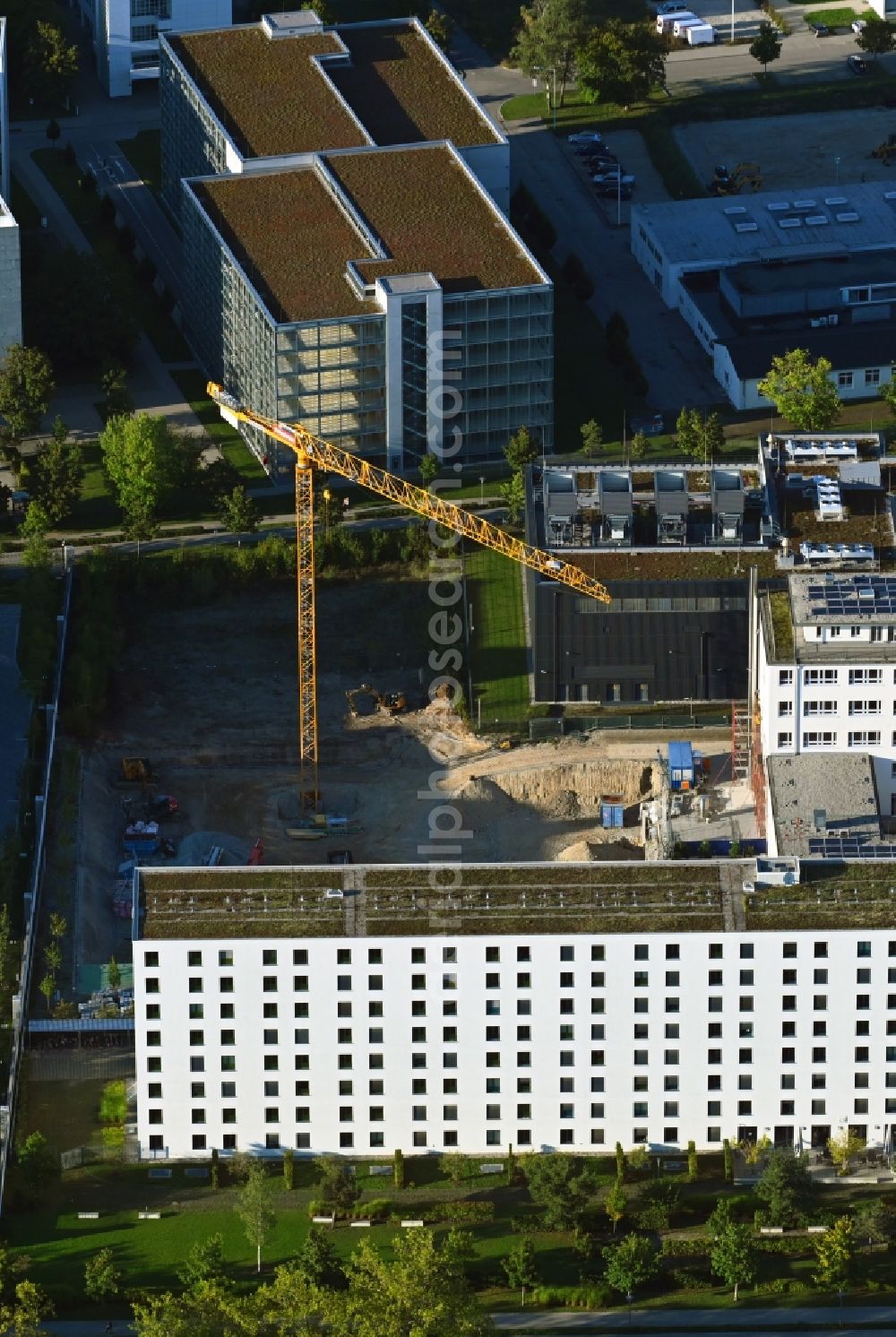 München from above - Construction site of a student dorm on Baierbrunner Strasse in the district Obersendling in Munich in the state Bavaria, Germany