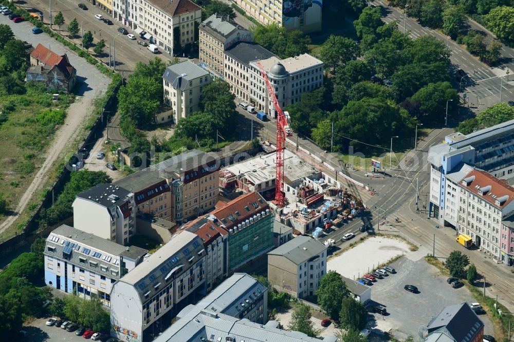 Leipzig from above - Construction site of a student dorm of PATRIZIA AG on Kurt-Schumacher-Strasse in Leipzig in the state Saxony, Germany