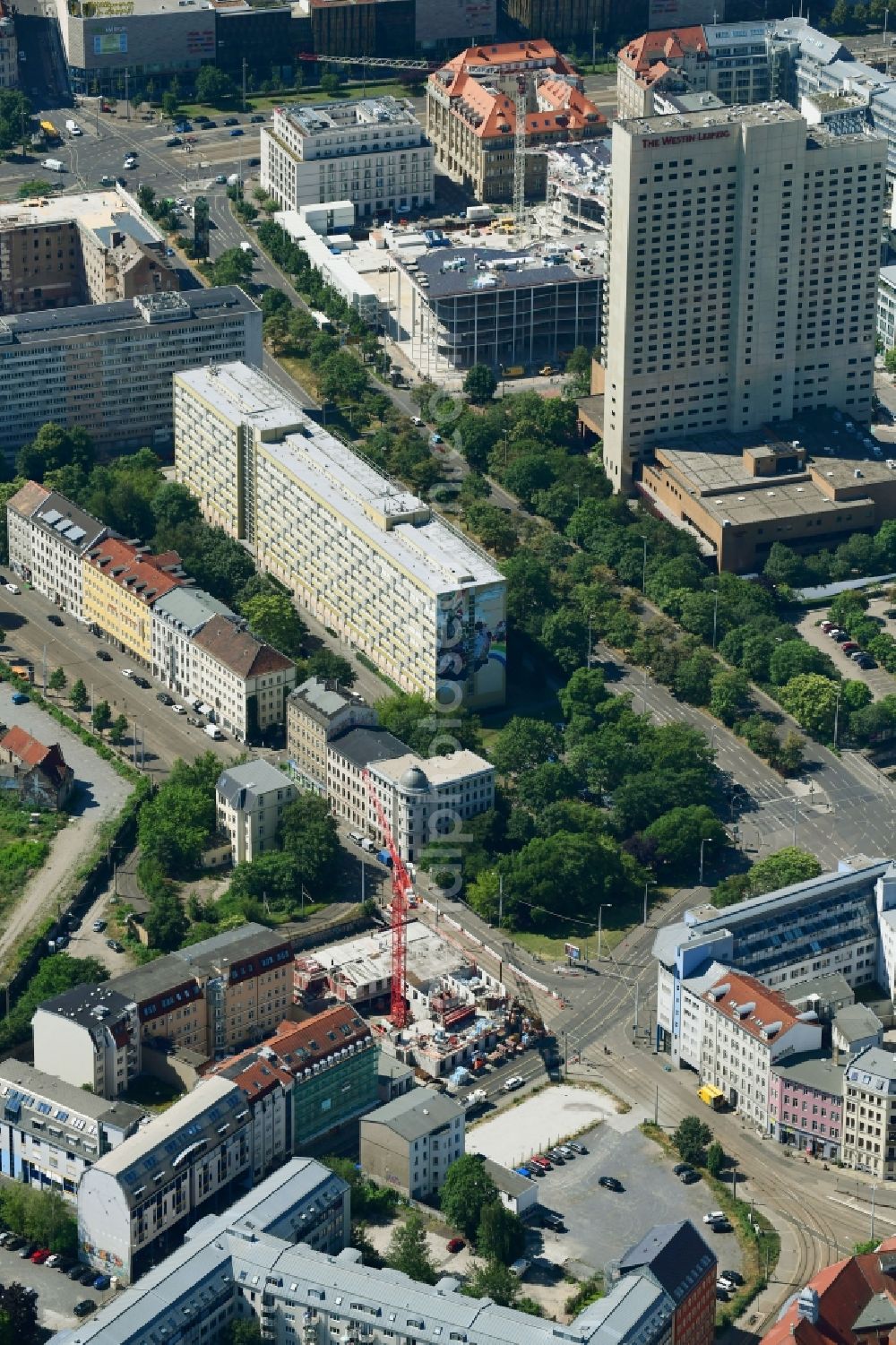 Leipzig from the bird's eye view: Construction site of a student dorm of PATRIZIA AG on Kurt-Schumacher-Strasse in Leipzig in the state Saxony, Germany