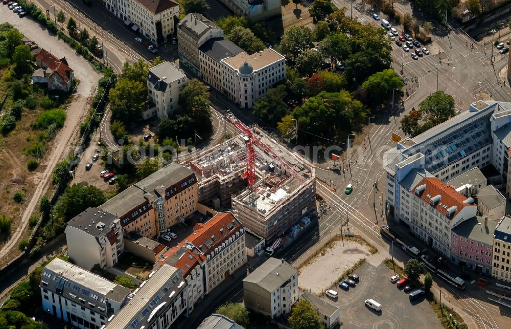 Leipzig from the bird's eye view: Construction site of a student dorm on Kurt-Schumacher-Strasse in Leipzig in the state Saxony, Germany