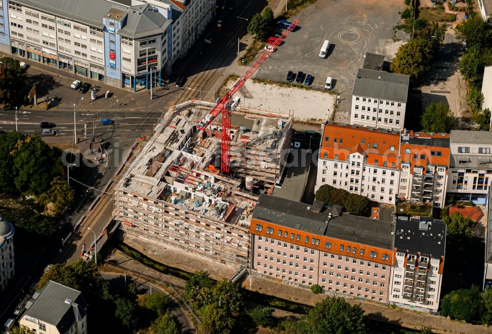 Leipzig from above - Construction site of a student dorm on Kurt-Schumacher-Strasse in Leipzig in the state Saxony, Germany