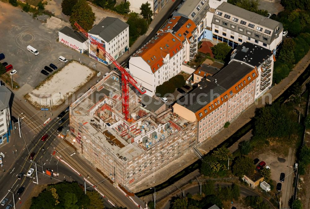 Leipzig from the bird's eye view: Construction site of a student dorm on Kurt-Schumacher-Strasse in Leipzig in the state Saxony, Germany