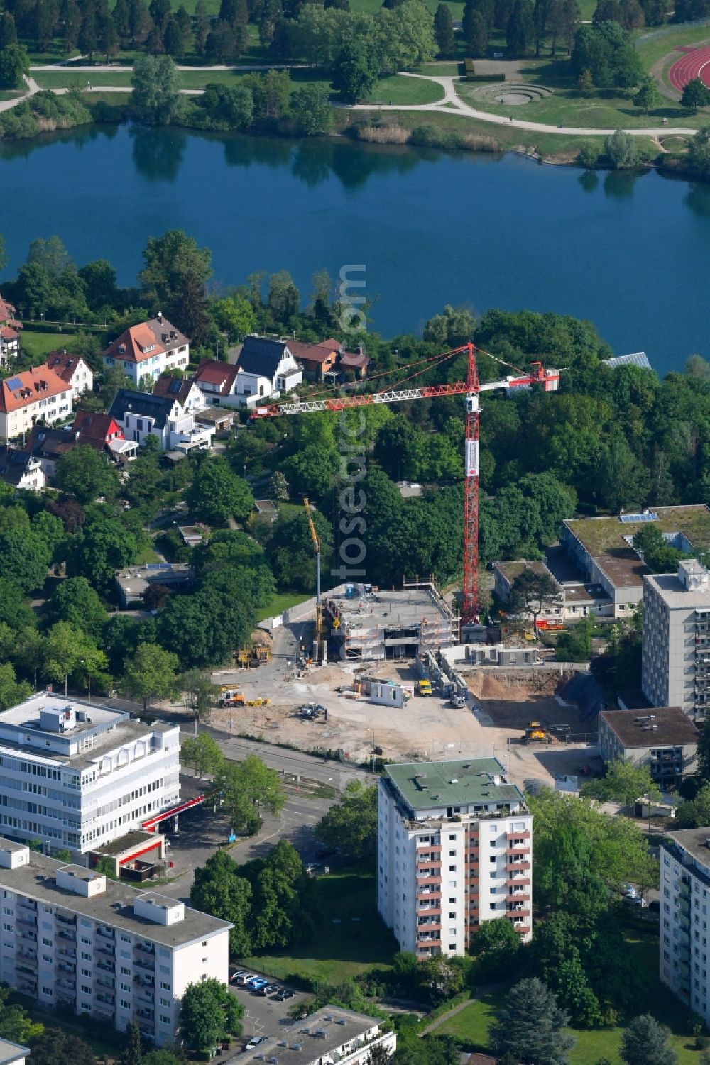 Freiburg im Breisgau from the bird's eye view: Construction site of a student dorm on Seepark in Freiburg im Breisgau in the state Baden-Wuerttemberg, Germany