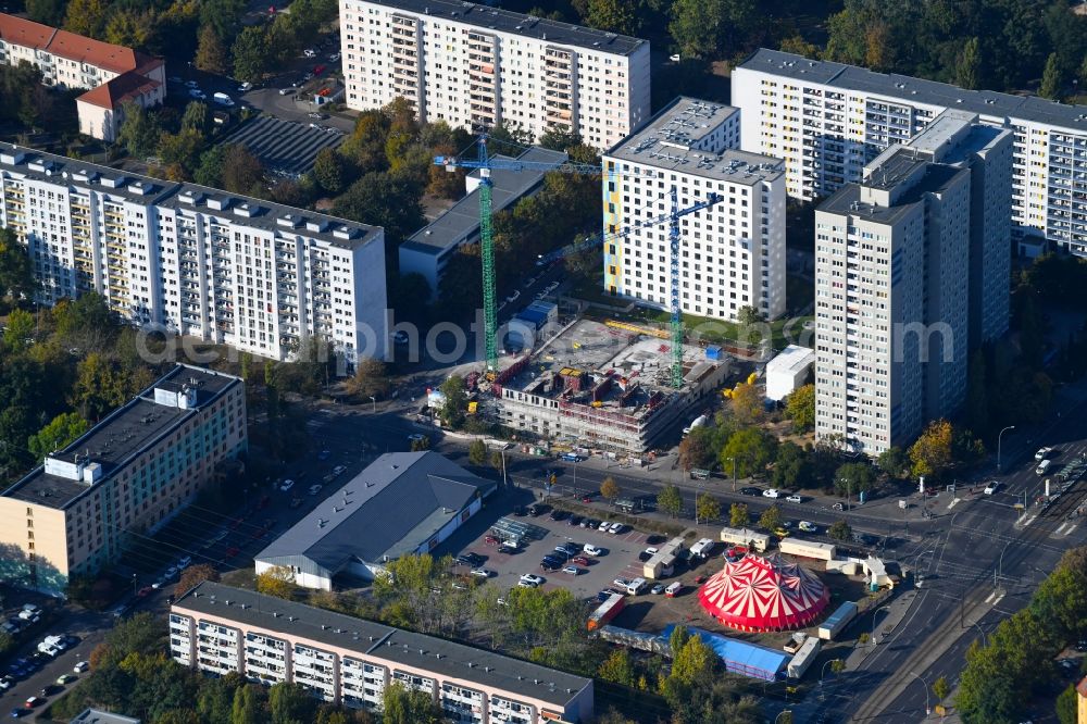 Berlin from above - Construction site of a student dorm on Storkower Strasse corner Alfred-Jung-Strasse in the district Lichtenberg in Berlin, Germany