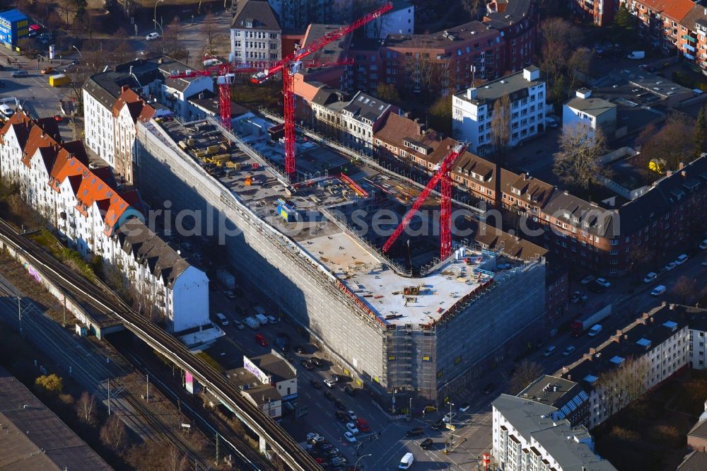 Hamburg from the bird's eye view: Construction site of a student dorm on Stresemannstrasse - Oeverseestrasse in the district Altona in Hamburg, Germany