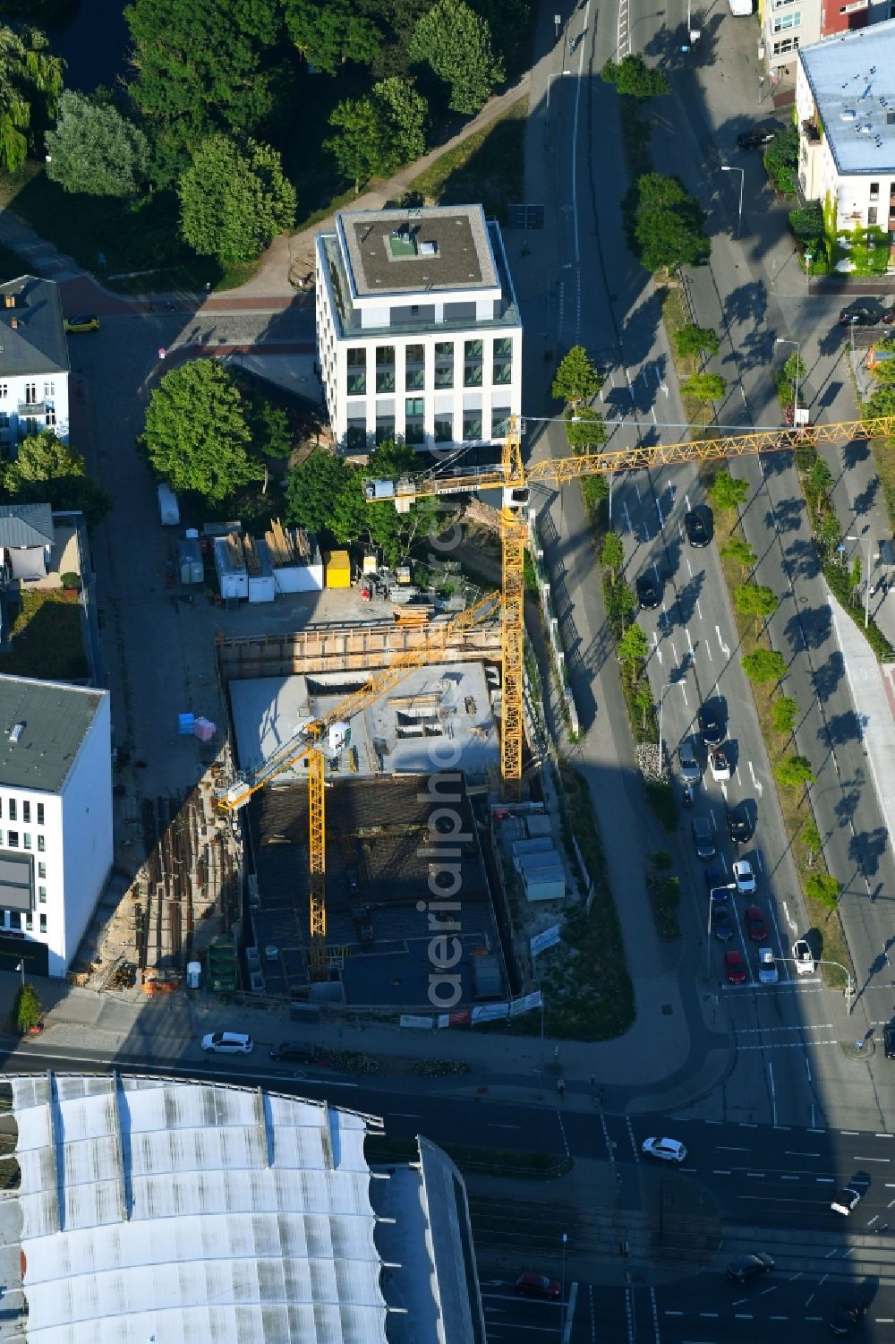 Aerial image Rostock - Construction site of a student dorm Studinest 3000 on August-Bebel-Strasse - Am Voegenteich in Rostock in the state Mecklenburg - Western Pomerania, Germany