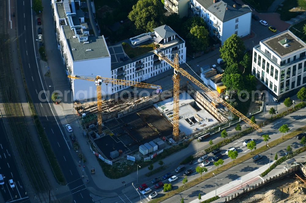 Rostock from above - Construction site of a student dorm Studinest 3000 on August-Bebel-Strasse - Am Voegenteich in Rostock in the state Mecklenburg - Western Pomerania, Germany