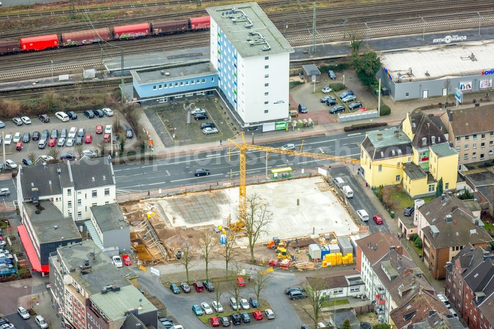 Aerial image Oberhausen - Construction site for the new building eines Supermarkt on Bottroper Strasse - Im Wiedemhof in Oberhausen in the state North Rhine-Westphalia, Germany