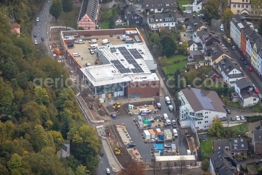 Essen from the bird's eye view: Construction site for the new building of Supermarkt EDEKA Diekmann in the district Werden in Essen in the state North Rhine-Westphalia, Germany