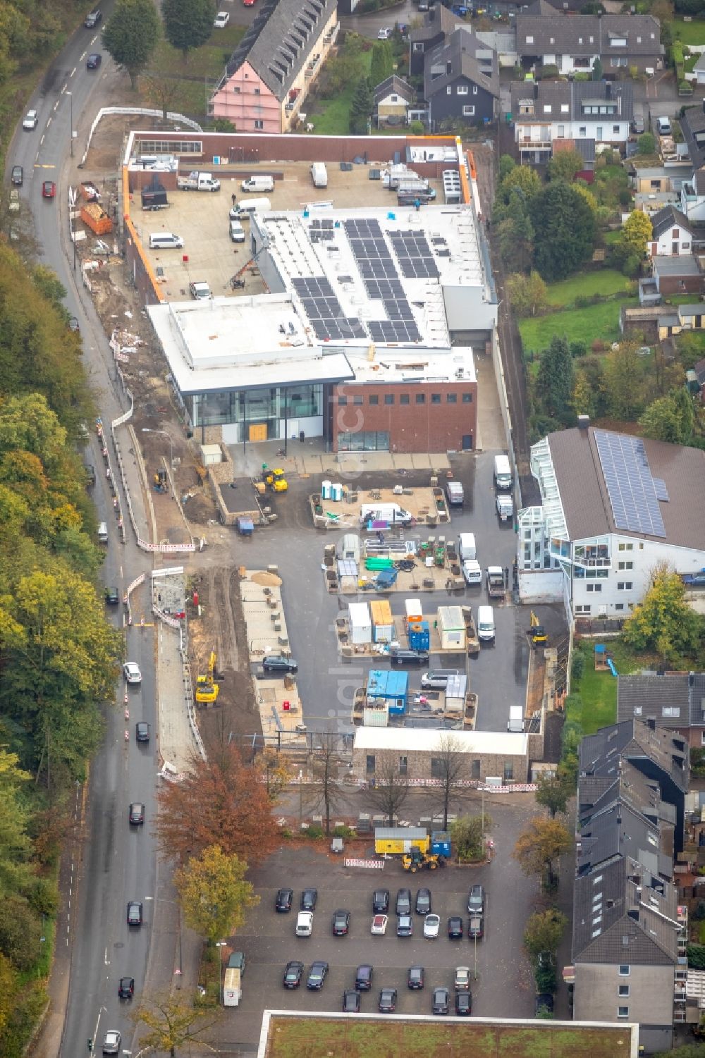 Aerial photograph Essen - Construction site for the new building of Supermarkt EDEKA Diekmann in the district Werden in Essen in the state North Rhine-Westphalia, Germany