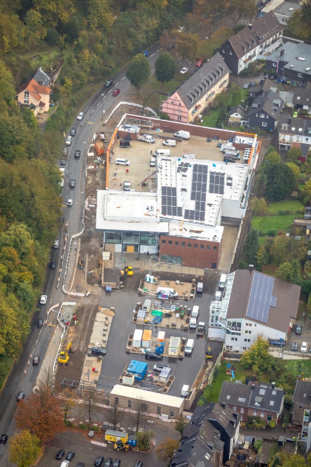 Essen from above - Construction site for the new building of Supermarkt EDEKA Diekmann in the district Werden in Essen in the state North Rhine-Westphalia, Germany