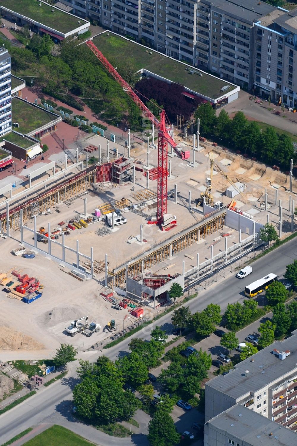 Berlin from the bird's eye view: Construction site for the new building of a supermarket of EDEKA ZENTRALE AG & Co. KG on Siriusstrasse in Berlin, Germany