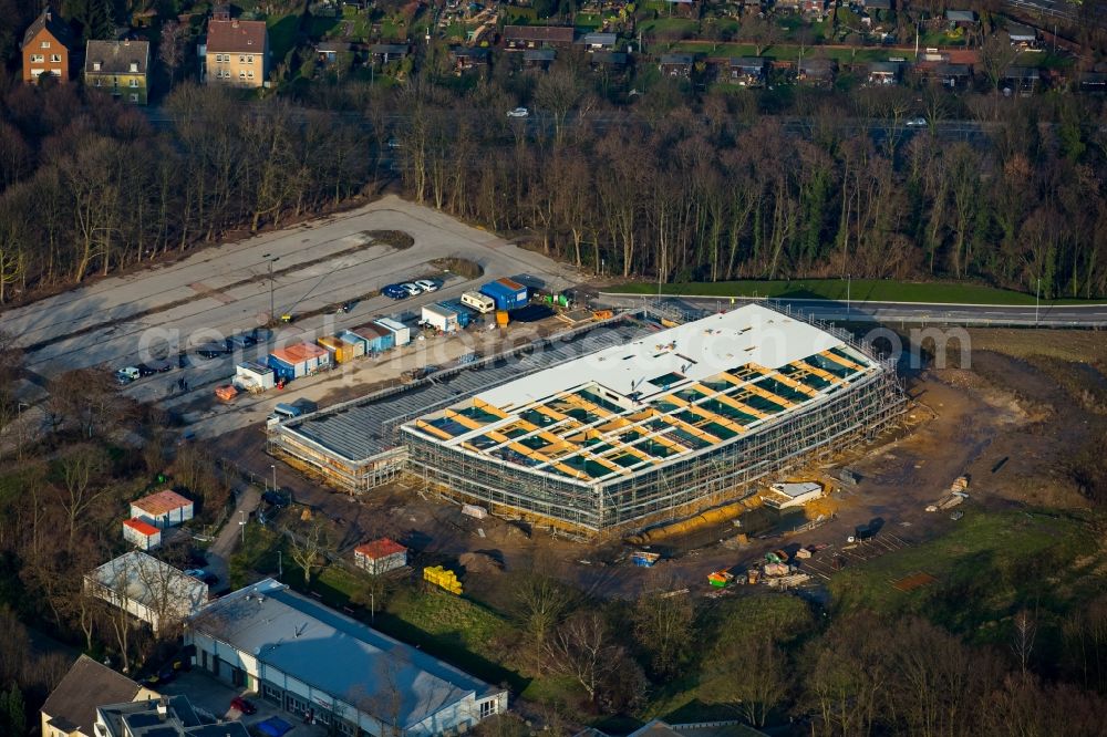 Herne from the bird's eye view: Construction for the new building of the spa and swimming pool at the swimming pool of Recreation Freizeitbades Wannanas der Herner Baedergesellschaft in Herne in the state North Rhine-Westphalia