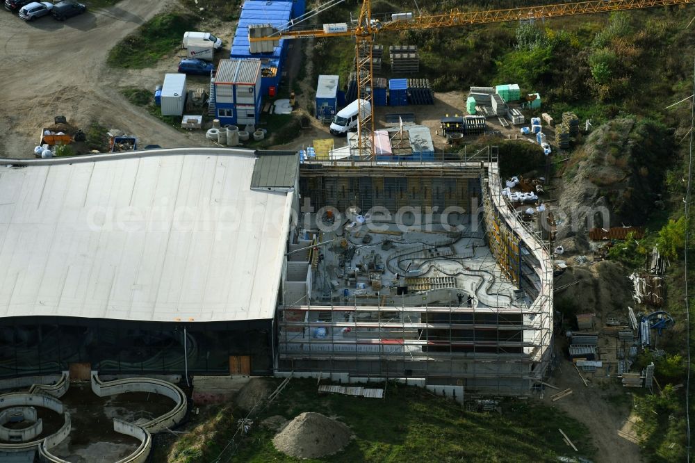 Werder (Havel) from above - Construction for the new building of the spa and swimming pool at the swimming pool of Recreation Havel-Therme Zum Grossen Zernsee in Werder (Havel) in the state Brandenburg, Germany