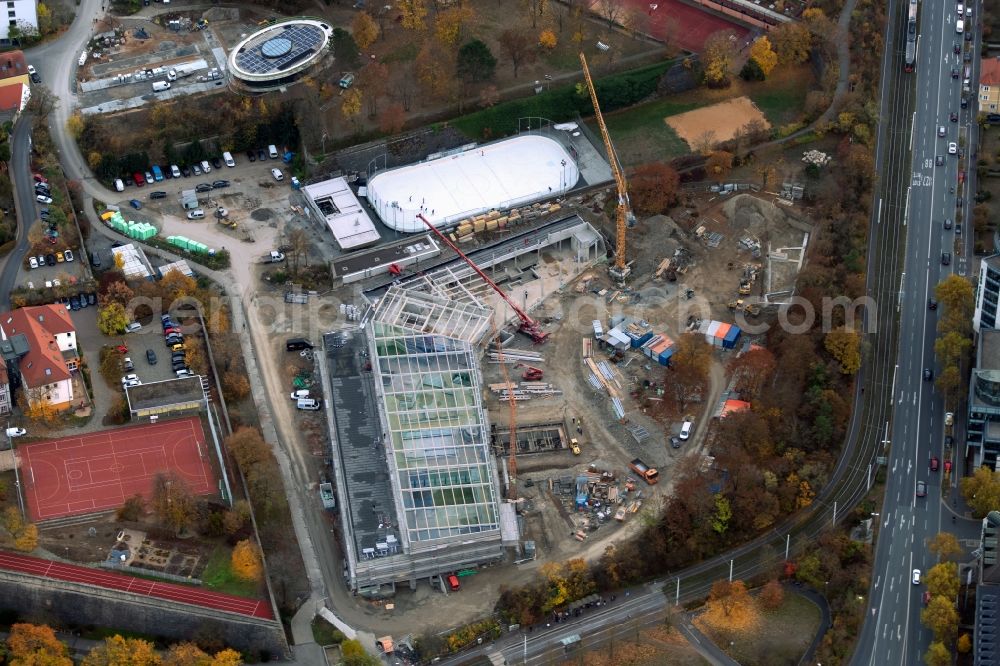 Würzburg from the bird's eye view: Construction for the new building of the spa and swimming pool at the swimming pool of Recreation Nautilandbad in the district Zellerau in Wuerzburg in the state Bavaria, Germany