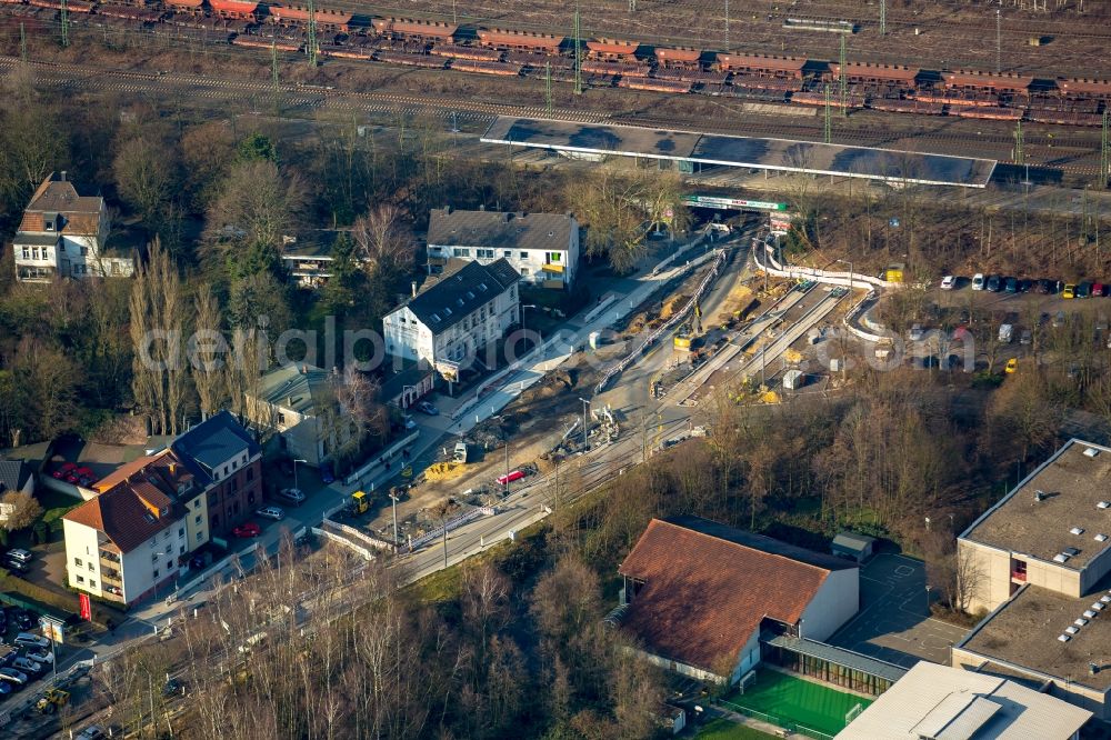 Bochum from the bird's eye view: Construction site for the new building einer TRAM stop station at the road Hauptstrasse in Bochum in the state North Rhine-Westphalia