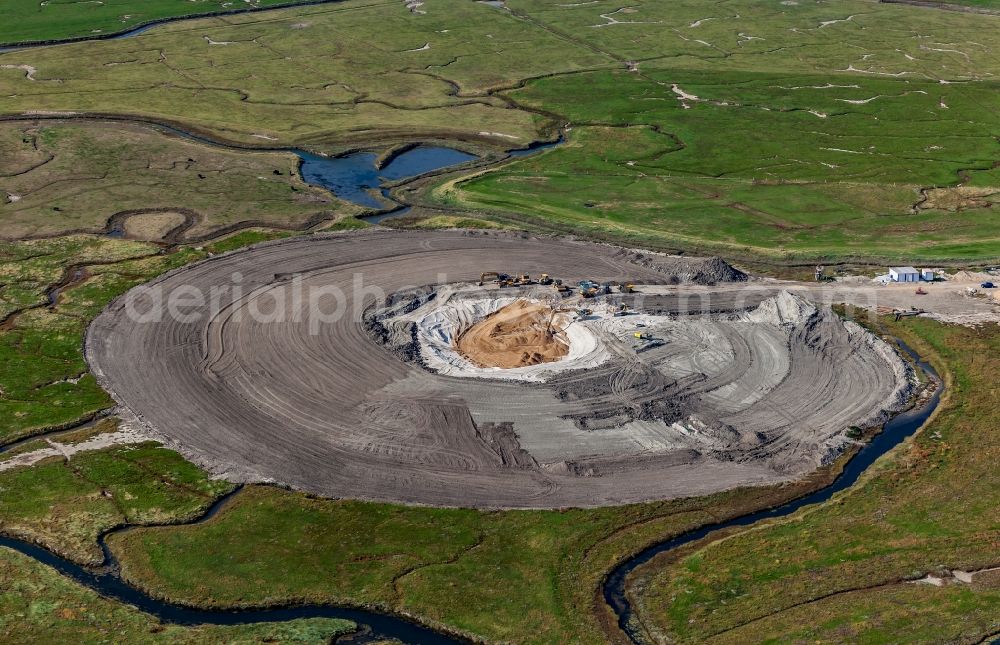 Langeneß from above - Construction site for the new building of Treubergwarft in Langeness North Frisia in the state Schleswig-Holstein, Germany