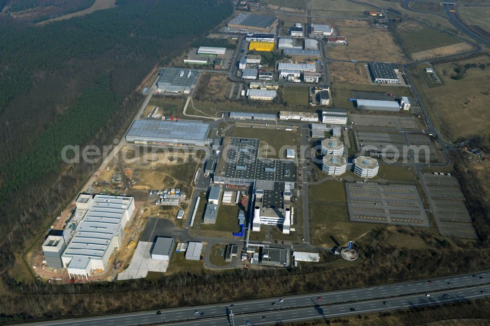 Aerial photograph Dahlewitz - Construction site to build a new engine test stand at the Rolls Royce plant in Dahlewitz in Brandenburg