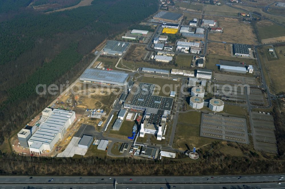 Dahlewitz from above - Construction site to build a new engine test stand at the Rolls Royce plant in Dahlewitz in Brandenburg