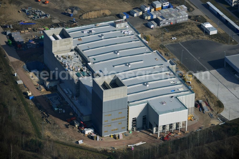 Dahlewitz from the bird's eye view: Construction site to build a new engine test stand at the Rolls Royce plant in Dahlewitz in Brandenburg