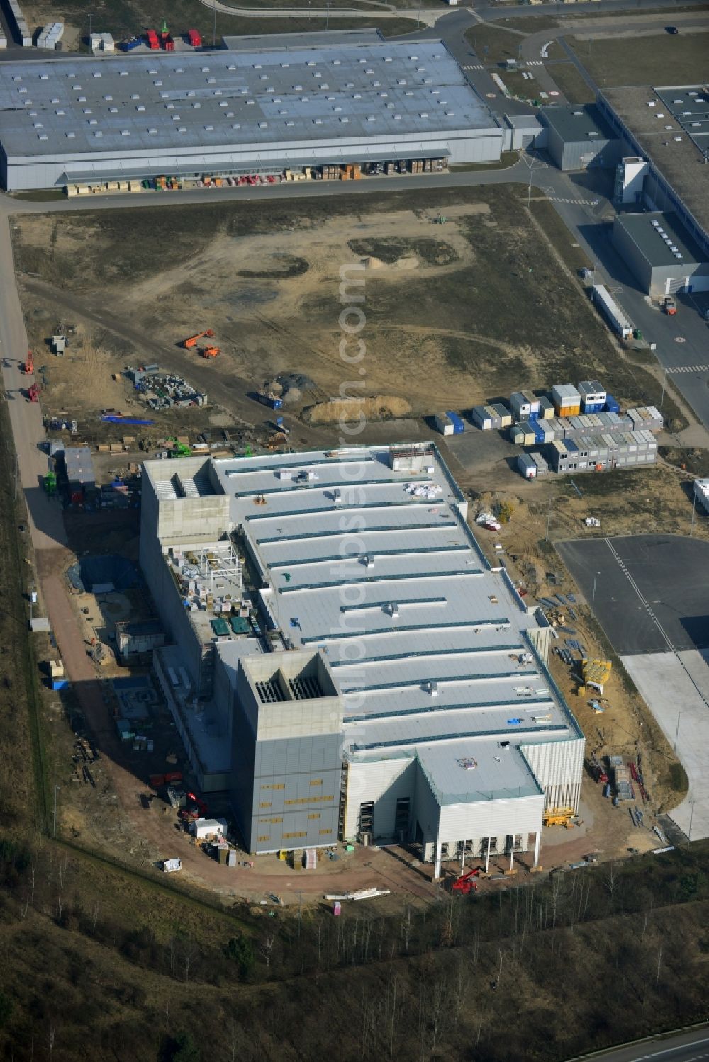 Aerial image Dahlewitz - Construction site to build a new engine test stand at the Rolls Royce plant in Dahlewitz in Brandenburg