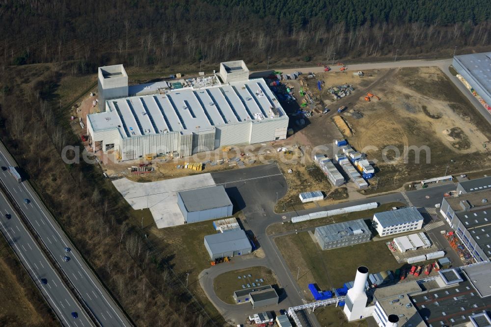 Dahlewitz from above - Construction site to build a new engine test stand at the Rolls Royce plant in Dahlewitz in Brandenburg