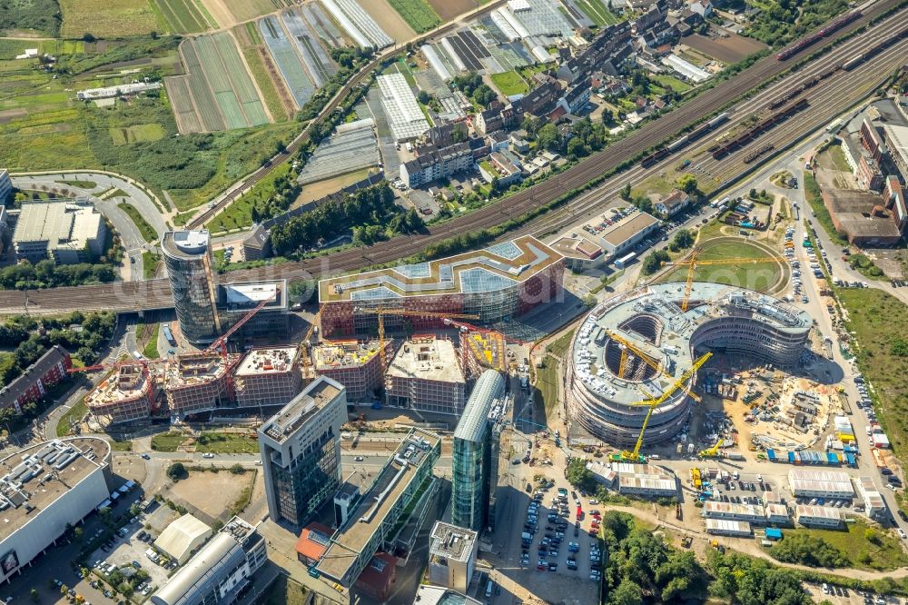 Aerial image Düsseldorf - Construction site for the new building trivago-Zentrale on Kesselstrasse through the Ed. Zueblin AG nach Entwuerfen der SOP Architekten in the district Medienhafen in Duesseldorf in the state North Rhine-Westphalia