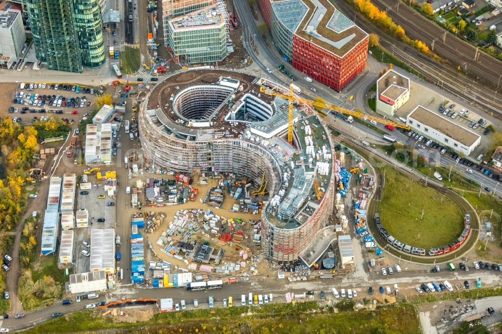 Düsseldorf from above - Construction site for the new building trivago-Zentrale on Kesselstrasse through the Ed. Zueblin AG nach Entwuerfen der SOP Architekten in the district Medienhafen in Duesseldorf in the state North Rhine-Westphalia