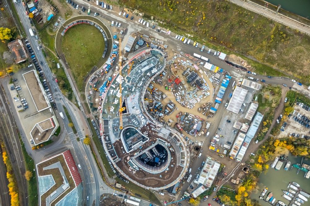 Aerial image Düsseldorf - Construction site for the new building trivago-Zentrale on Kesselstrasse through the Ed. Zueblin AG nach Entwuerfen der SOP Architekten in the district Medienhafen in Duesseldorf in the state North Rhine-Westphalia