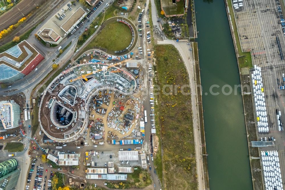 Düsseldorf from above - Construction site for the new building trivago-Zentrale on Kesselstrasse through the Ed. Zueblin AG nach Entwuerfen der SOP Architekten in the district Medienhafen in Duesseldorf in the state North Rhine-Westphalia