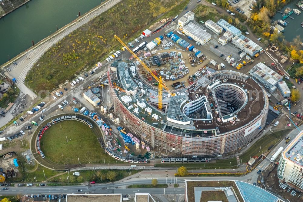 Aerial photograph Düsseldorf - Construction site for the new building trivago-Zentrale on Kesselstrasse through the Ed. Zueblin AG nach Entwuerfen der SOP Architekten in the district Medienhafen in Duesseldorf in the state North Rhine-Westphalia