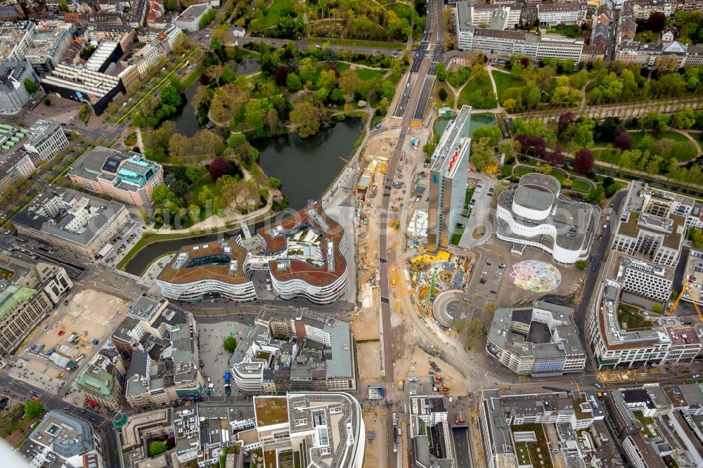 Düsseldorf from above - Construction for the new building of the Koe- tunnel at the skyscraper Dreischeibenhaus along Berliner Allee in Dusseldorf in North Rhine-Westphalia