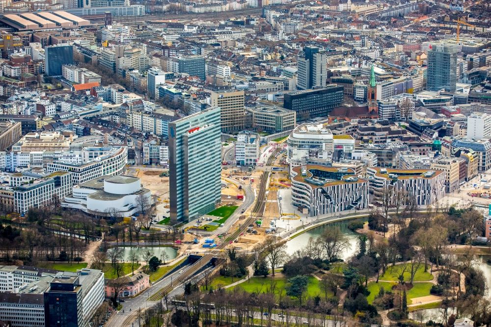 Aerial image Düsseldorf - Construction for the new building of the Koe- tunnel at the skyscraper Dreischeibenhaus along Berliner Allee in Dusseldorf in North Rhine-Westphalia