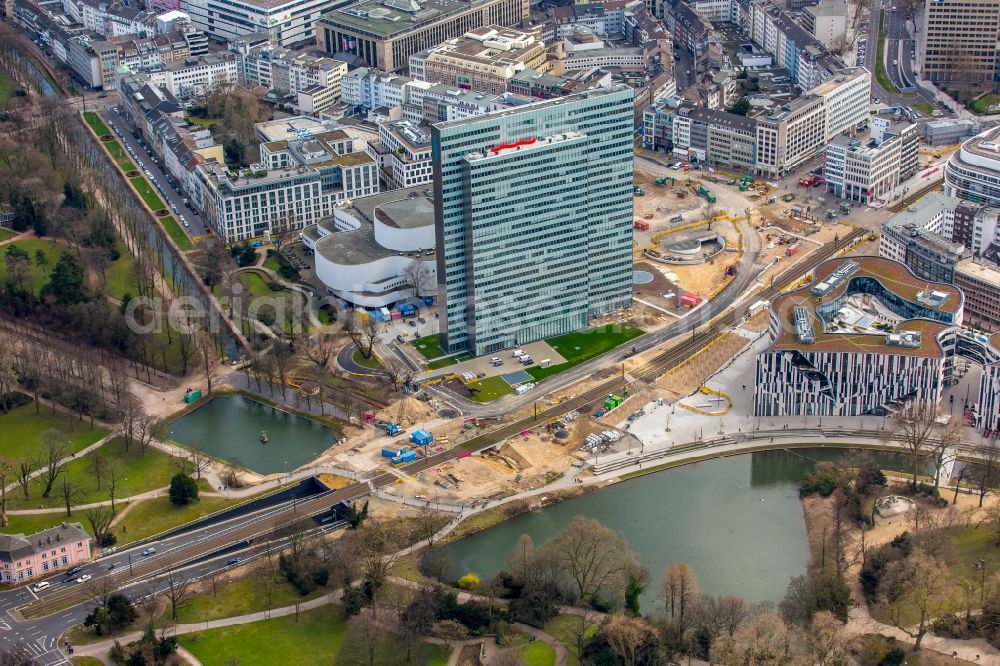 Düsseldorf from above - Construction for the new building of the Koe- tunnel at the skyscraper Dreischeibenhaus along Berliner Allee in Dusseldorf in North Rhine-Westphalia