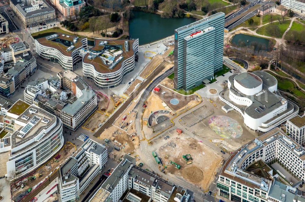 Aerial photograph Düsseldorf - Construction for the new building of the Koe- tunnel at the skyscraper Dreischeibenhaus along Berliner Allee in Dusseldorf in North Rhine-Westphalia