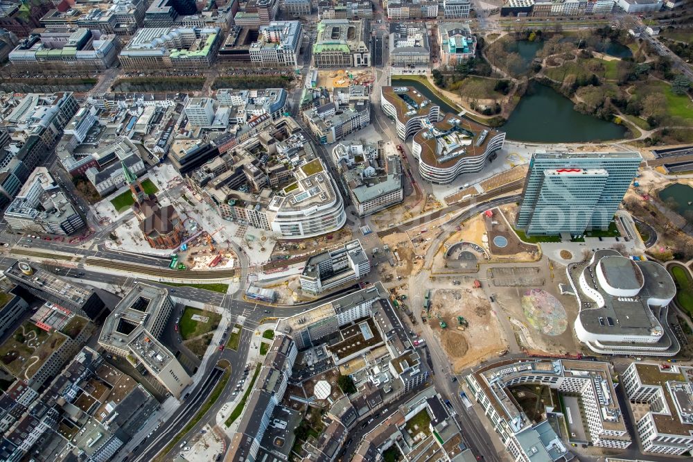 Düsseldorf from above - Construction for the new building of the Koe- tunnel at the skyscraper Dreischeibenhaus along Berliner Allee in Dusseldorf in North Rhine-Westphalia