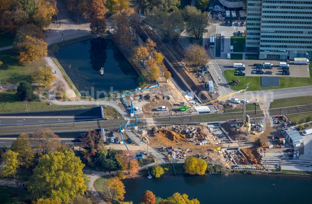 Aerial photograph Düsseldorf - Construction for the new building of the Koe- tunnel at the skyscraper Dreischeibenhaus along Berliner Allee in Dusseldorf in North Rhine-Westphalia