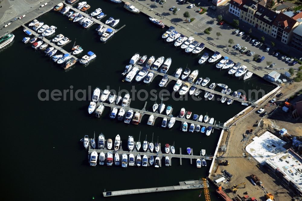 Waren (Müritz) from above - Construction site for the new building and reconstruction of the city port - marina at Mueritz basic in Waren (Mueritz) in the state Mecklenburg - Western Pomerania