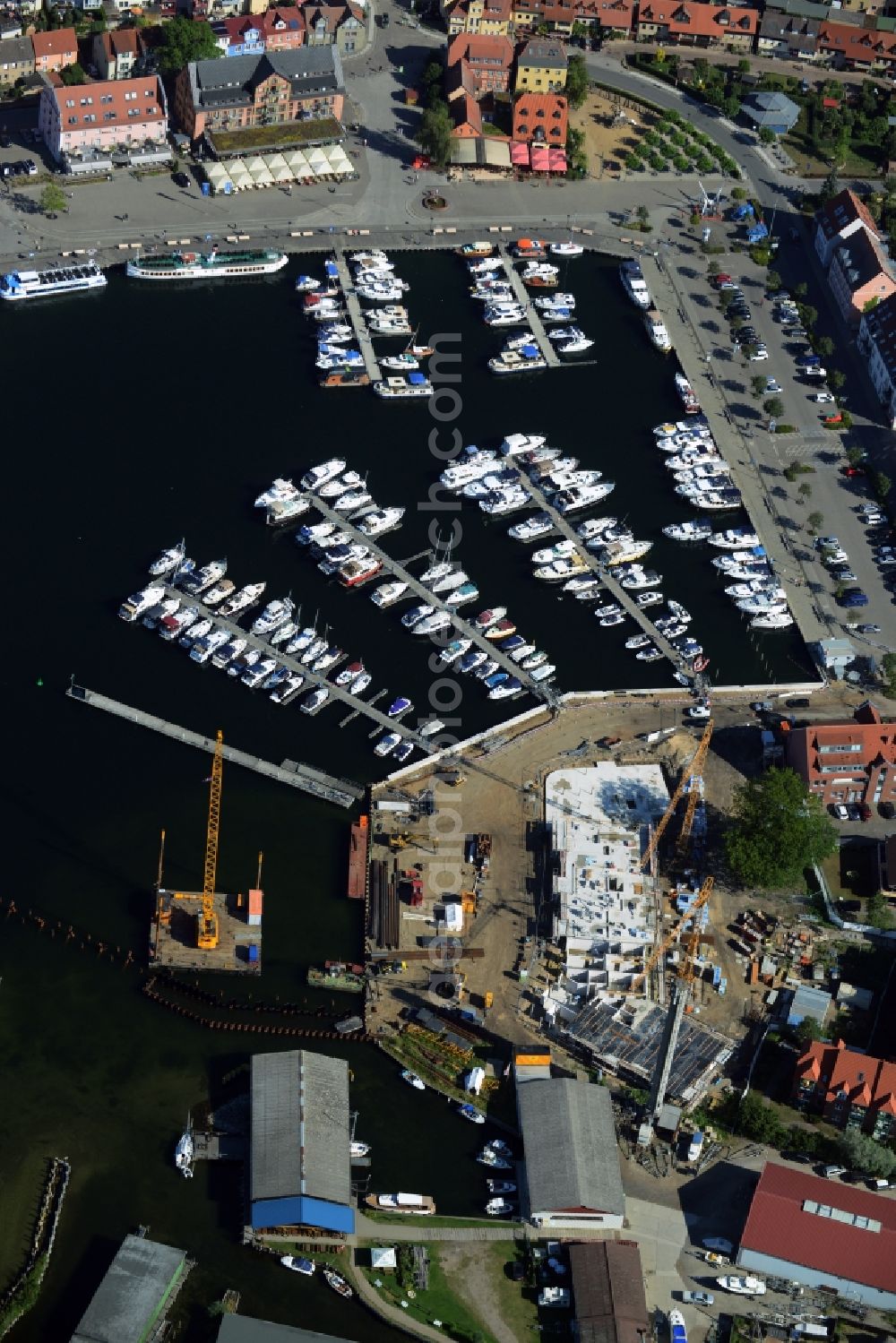 Waren (Müritz) from above - Construction site for the new building and reconstruction of the city port - marina at Mueritz basic in Waren (Mueritz) in the state Mecklenburg - Western Pomerania