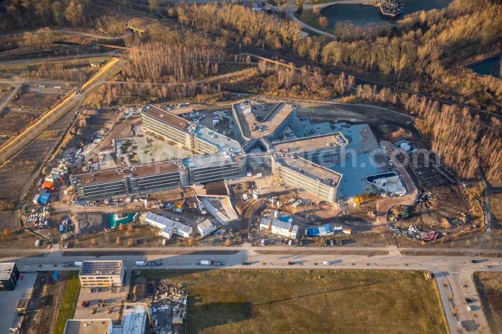 Dortmund from the bird's eye view: New construction of the company administration building AMPRION in Phoenix-West Industriegebiet and TechnologiePark Dortmand in the district Hoerde in Dortmund in the state North Rhine-Westphalia, Germany