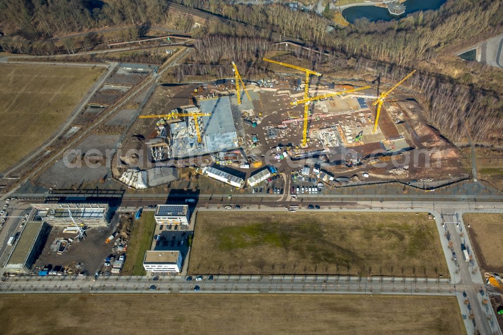 Dortmund from above - Construction site for the new building of Amprion GmbH in construction of Ed. Zueblin AG in the district Hoerde in Dortmund in the state North Rhine-Westphalia