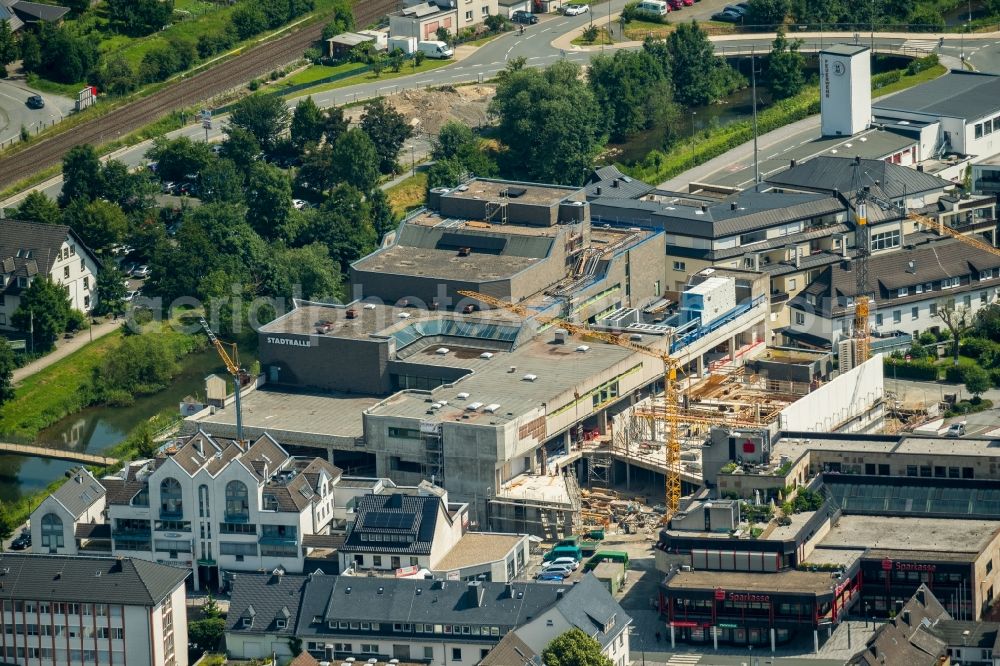 Meschede from above - Building of the indoor arena Stadthalle Meschede of Fokus Development AG on Winziger Platz in Meschede in the state North Rhine-Westphalia, Germany