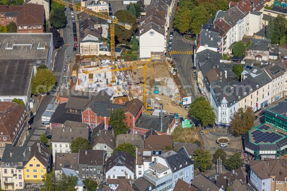 Aerial image Schwelm - Construction site for the new building of the indoor arena and culture center between Roemerstrasse - Schulstrasse - Neumarkt in Schwelm in the state North Rhine-Westphalia, Germany