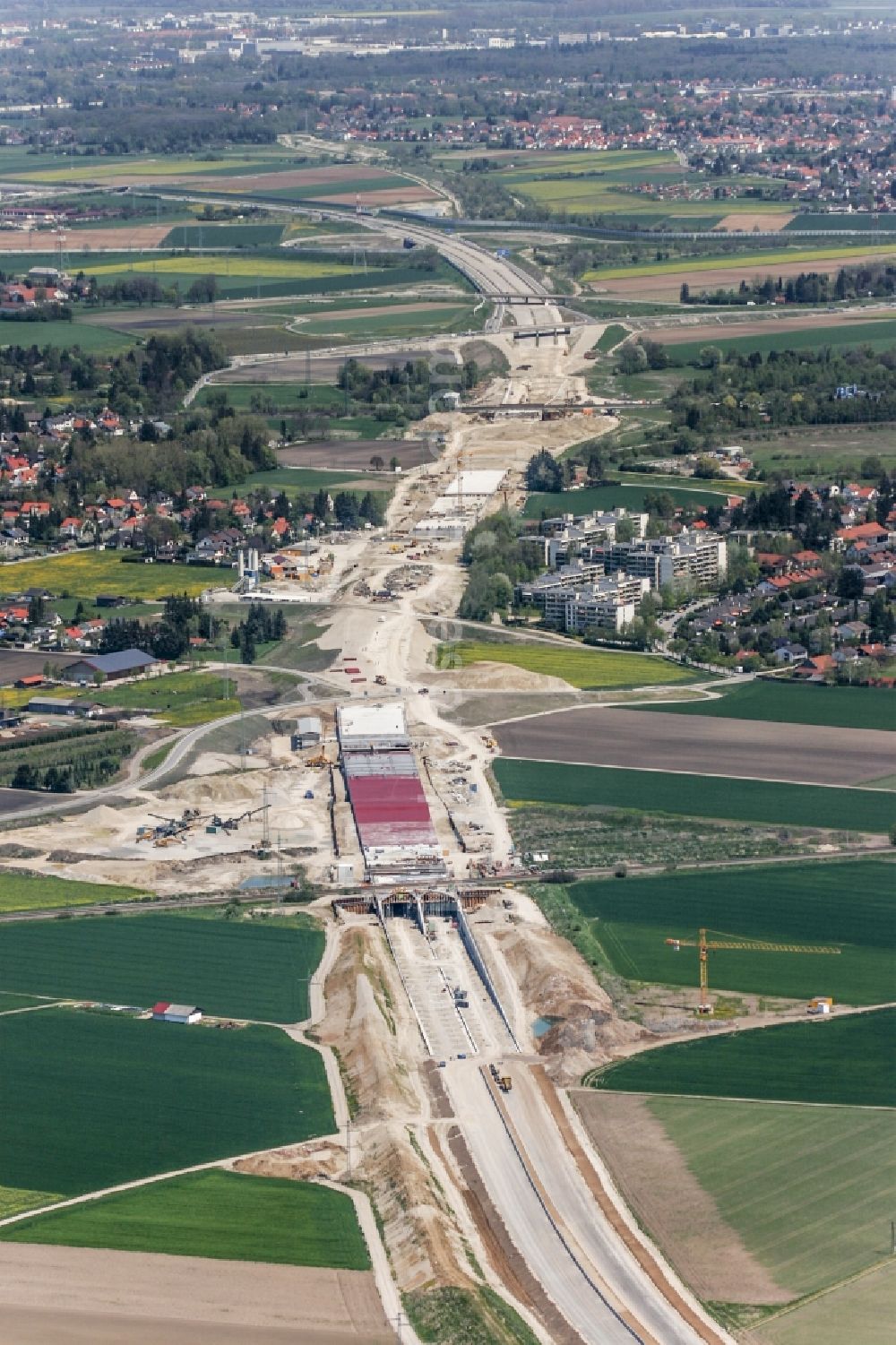 Aerial image München, Aubing - Construction site for the new building of the viaduct and tunnel structure of BAB A99 motorway in Aubing in Munich in Bavaria