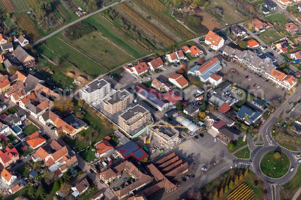 Schweigen-Rechtenbach from above - Construction site for four multi-family residential buildings in the Sylvaner street in Schweigen-Rechtenbach in the state Rhineland-Palatinate, Germany