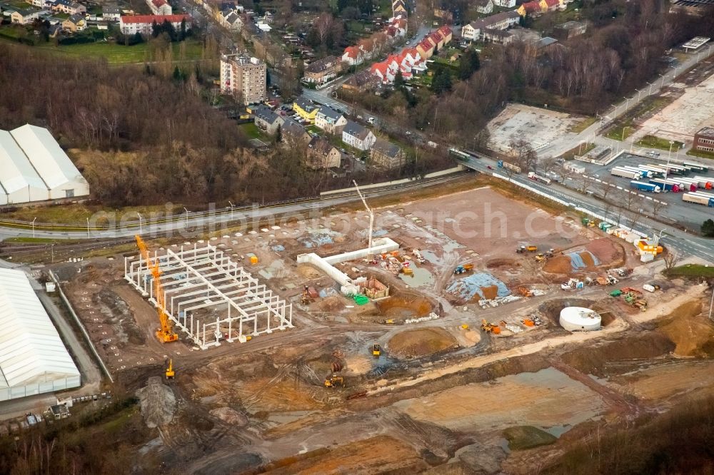 Bochum from the bird's eye view: Construction site for the new building of a goods distribution centre on site of the former Opel Works II in Bochum in the state of North Rhine-Westphalia