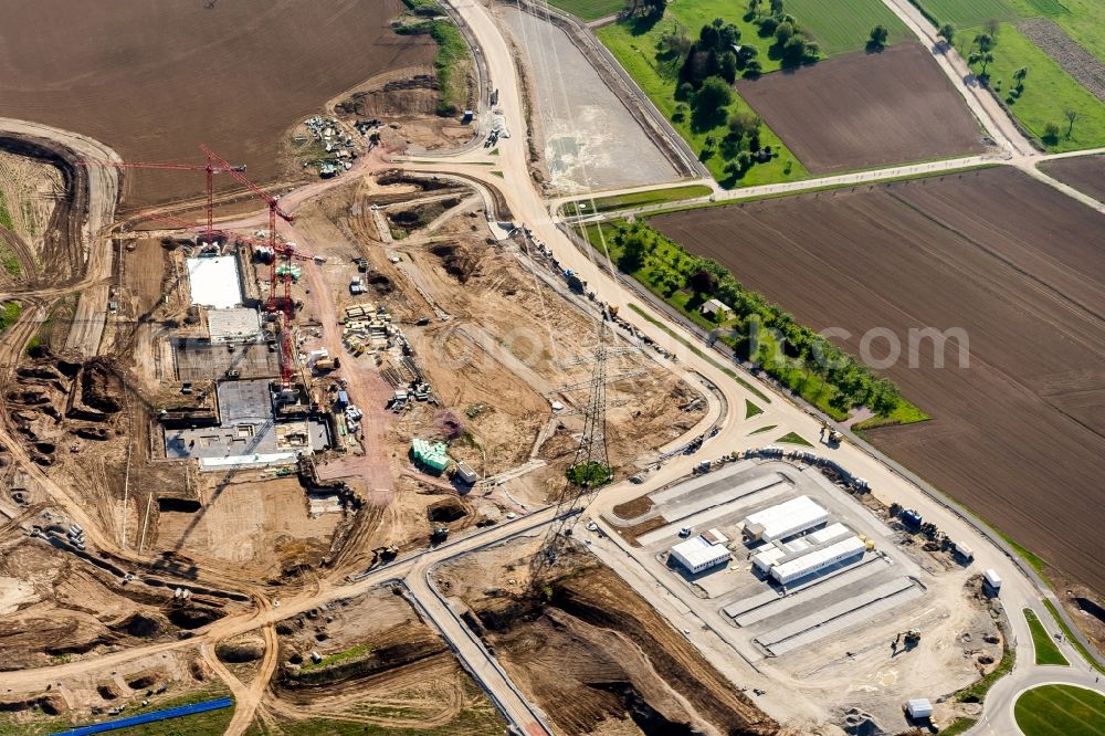 Rust from above - Construction for the new building of the spa and swimming pool at the swimming pool of Recreation Europa-Park in Rust in the state Baden-Wuerttemberg